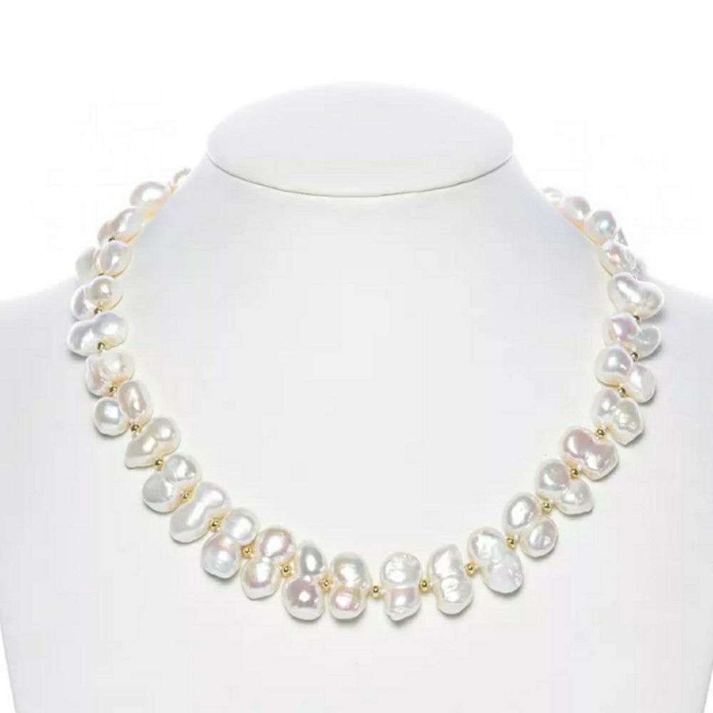 NEW 925S Genuine White Baroque Freshwater Pearls Necklace Knotted With Beads